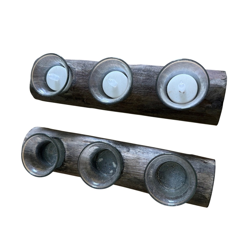 Rustic Reclaimed Wood Triple Tealight Candle Holders Set of 2 Farmhouse Decor
